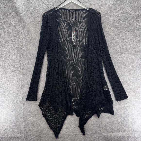 Charlie B Women Crochet Knit Open Front Waterfall Duster Cardigan Size S/M Black - Picture 9 of 11